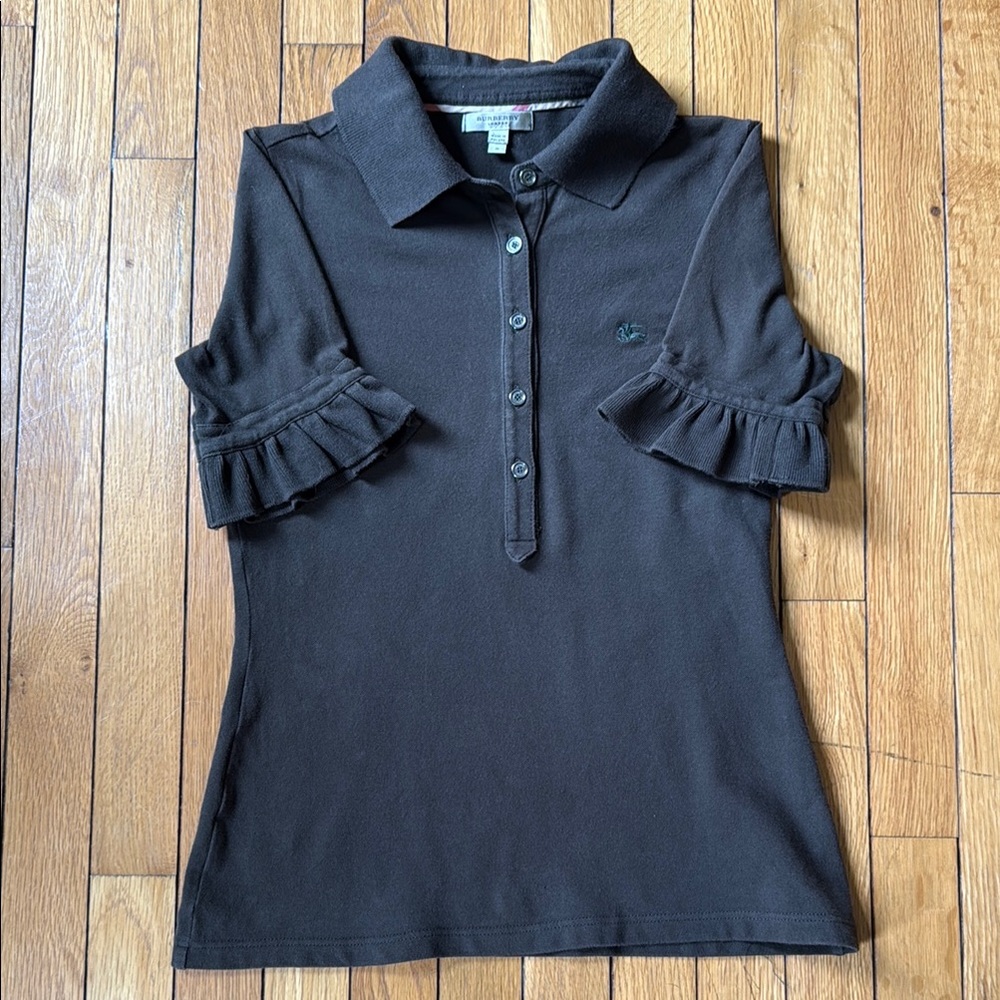 Burberry Black Fitted Ruffled Polo Button Down